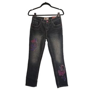 SO Dark Stone Embroidered Pink Purple Peace Butterfly Skinny Jeans 14 NWT